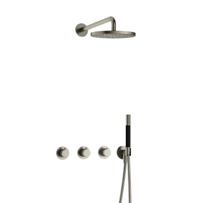 Afbeelding van Hotbath Cobber Regendoucheset IBS70 Geborsteld Nikkel Staaf handdouche 20cm Hoofddouche Wandarm Handouche met wandhouder