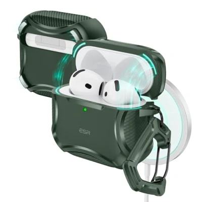 Afbeelding van ESR AirPods hoes 4e generatie (HaloLock) (2024) compatibel met MagSafe, magneetdeksel, Cyber serie, groen