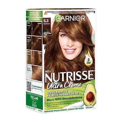 Afbeelding van Garnier Nutrisse Permanente verzorgende haarverf met voedende fruitoliën, kleuring 8 weken houding, ultra crème tint, 053 fluweelbruin