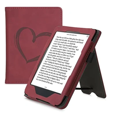 Afbeelding van kwmobile E reader hoesje geschikt voor Kobo Clara HD hoes flip case van kunstleer Ereader cover met stand Brushed Hart design in donkerrood