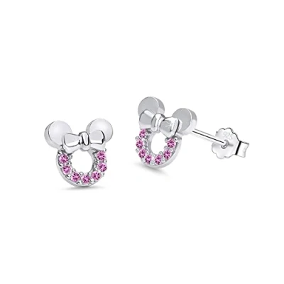 Afbeelding van Kaguyo Minnie Mouse oorbellen, 925 sterling zilver amethist wit blauw roze zirkonia Mickey oorknopjes voor dames meisjes, schattig ontwerp verjaardagscadeau (roze)