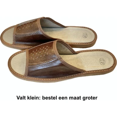Afbeelding van Leren heren slippers Huisslippers Instapsloffen Pantoffels Leer Bruin Maat 44