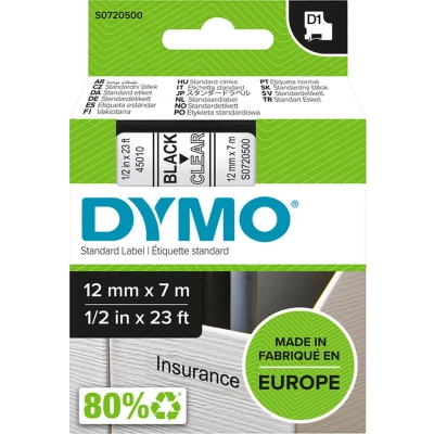 Afbeelding van DYMO originele D1 labels Zwarte Tekst op Doorzichtig Label 12 mm x 7 m zelfklevende etiketten voor de LabelManager labelprinter gemaakt in Europa