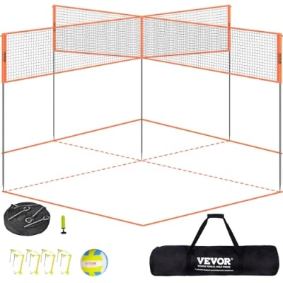 Afbeelding van VEVOR 4 weg volleybalnet, in hoogte verstelbare badmintonnetset voor achtertuin, strand, gazon, outdoor, draagbaar volleybalnet met draagtas, vierkante snel te monteren spelset kinderen en