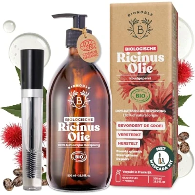 Afbeelding van BIOLOGISCHE RICINUSOLIE 100% Puur, Natuurlijk &amp; Koudgeperst Wimpers, Wenkbrauwen, Lichaam, Haar, Baard, Nagels Cruelty Free Castor Oil Glazen fles + Pompje Mascara set (500ml)