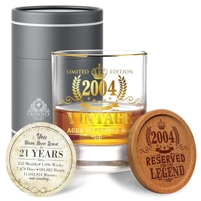 Afbeelding van CROWNLY CRYSTAL® 2004 Verjaardagscadeau Voor Mannen 21 Jaar Decoratie Verjaardag Whiskeyglazen Gepersonaliseerde Cadeaus Verjaardagskaart Man Whisky Geschenkset Cadeau Vriend
