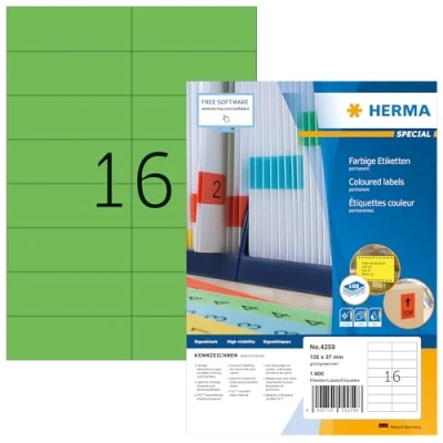 Afbeelding van HERMA 4259 Gekleurde etiketten A4 (105 x 37 mm, 100 velles, papier, mat) zelfklevend, bedrukbaar, permanente Kleurige etiketten, 1.600 voor printer, groen