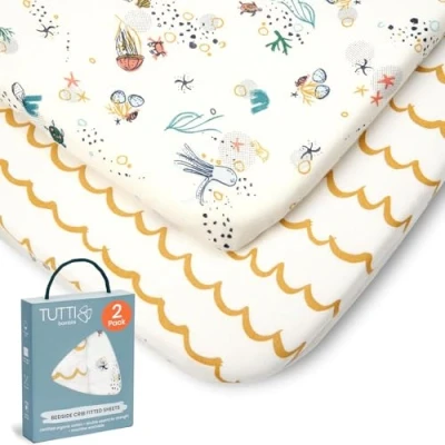 Afbeelding van Tutti Bambini Beddengoed Wieg Hoeslakens 2 Pack 100% Biologisch Katoen, Past 53x80cm tot 60x90cm Matrassen Our Planet