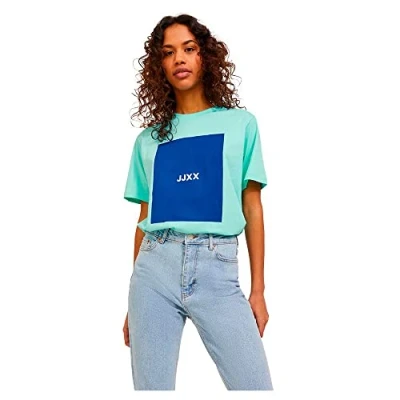 Afbeelding van Jack &amp; Jones JXAMBER SS Relaxed Every Tee Noos Top, Aruba Blue/Print: Surf The Web Square, XS, Blauw/Print:surf XS