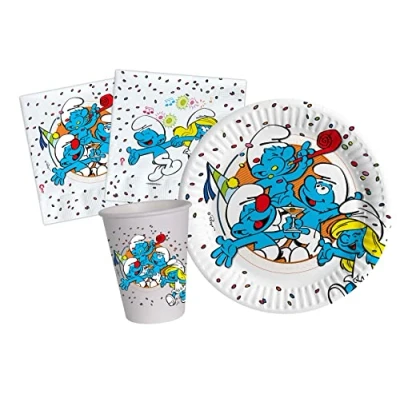 Afbeelding van Party Tableware Set Smurfs for 24 people (88 pcs: plates Ø18cm, cups 200ml, 40 napkins 33x33cm) in eco friendly compostable paper