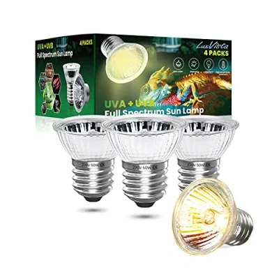 Afbeelding van Luxvista E27 50 W verwarmingslamp voor reptielen, UVA UVB, solarlamp, volledig spectrum, reptielen en amfibieën, hagedis, schildpad, spin, slang (4 stuks, warm licht 2700 K)