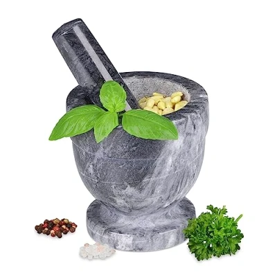 Afbeelding van Relaxdays vijzel met stamper grijs 10,5 cm kruidenstamper marmer keuken zwaar