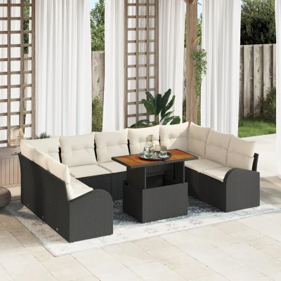 Afbeelding van vidaXL 10 delige Tuin Eetset met Kussens Zwart Poly Rattan Acaciahout