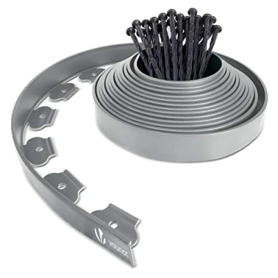 Afbeelding van VOUNOT Tuinrand van kunststof, 10 m, met 30 haringen, flexibele gazonrand robuust, tuinidee, hoogte 50 mm, dikte 4 grijs