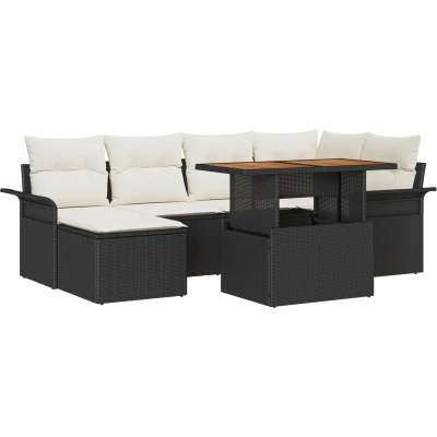 Afbeelding van vidaXL 7 delige tuin eettafelset met kussens zwart poly rattan acacia