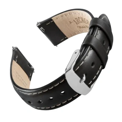 Afbeelding van Archer Watch Straps Top Grain Lederen Quick Release Horlogebanden (Zwart/Natuurlijk Wit Stiksel, 22mm)