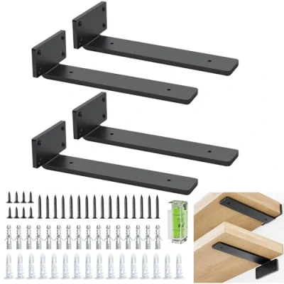 Afbeelding van plankhouders 20 cm (0,5 cm) dik, 4 stuks zwevende verborgen wandhoeken, rustieke industriële met moderne ijzeren afwerking, zwart