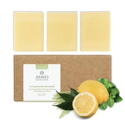 Afbeelding van ASAVO zeep citroen biologisch, handgemaakte vaste zeep, als handzeep, douchezeep, shampoo of douchegel, verzorgender dan kernzeep, natuurlijke met citroengras en munt, 3 x 95 g