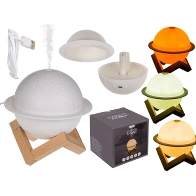 Afbeelding van Luchtbevochtiger/olie diffuser, planeet, met houten stand, 3 lichtniveaus &amp; USB kabel, voor ca. 110 ml, 13,8 x 10,5 cm, van kunststof, in geschenkdoos