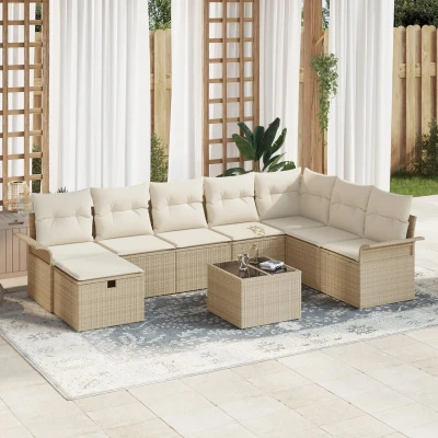 Afbeelding van vidaXL 9 delige tuinset met kussens in beige poly rattan
