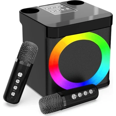 Afbeelding van Karaokemachine voor volwassenen en kinderen professionele karaoke met 2 draadloze microfoons, draagbaar Bluetooth luidsprekersysteem PA LED eestverlichting