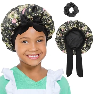 Afbeelding van SENGTERM Kids Bonnets voor meisjes, dubbele omkeerbare zijden motorkap slapende satijnen met brede elastische band, black flower, 2 8 jaar