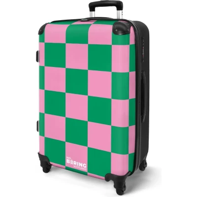 Afbeelding van NoBoringSuitcases.com® Koffer groot Rolkoffer lichtgewicht Roze met groen schaakbord print Reiskoffer 4 wielen Grote trolley XL 20 kg bagage