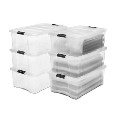 Afbeelding van Iris Ohyama, Kunststof opbergboxen met deksel en sluitclips, 30L, Set van 6, Geïntegreerde Handvatten, Stapelbaar, BPA vrij, Slaapkamer, Kantoor, Woonkamer, DDNTB 30, Helder