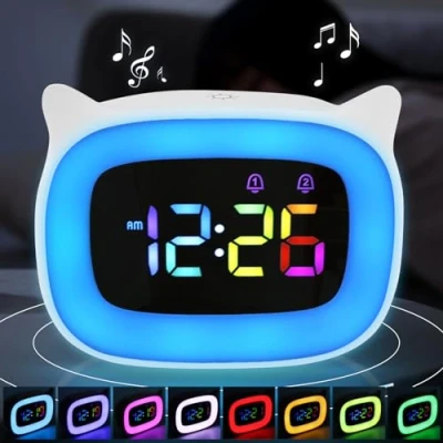 Afbeelding van Kinderwekker, digitale kinderwekker voor kinderen, wekker met licht, wekker, meisjes, jongens, snooze functie nachtlampje, 18 beltonen, dualalalalalarmen,
