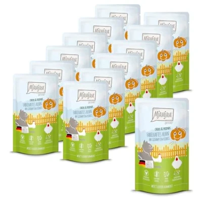 Afbeelding van MjAMjAM Premium natvoer voor katten Quetschie Chicks &amp; Friends fabelachtige kip met gestoomde pompoen, 12 verpakking (12 x 125g), graanvrij