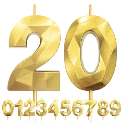 Afbeelding van 20. verjaardagskaarsen, cake goud, kaars nummer 20, 3D kaarsen met cijfers van 5 cm, verjaardag taarttopper decoratie voor verjaardagsfeesten, bruiloft, jubileum