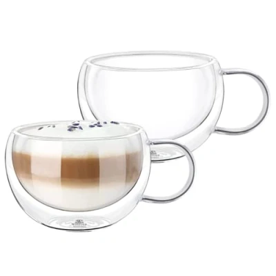Afbeelding van Wilmax Thermoglazen met handvat, set van 2, 400 ml, dubbelwandige koffieglazen, latte macchiato glazen, cappuccinoglazen theeglazen, drinkglazen, thermobeker