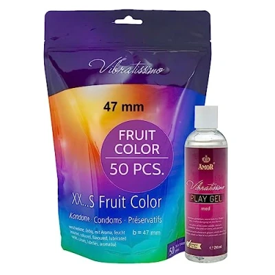 Afbeelding van VIBRATISSIMO condooms Fruit Color 50 pack &amp; glijmiddelset I voor mannen Hersluitbare verpakking en authentiek gevoel Kleurrijke Ultradunne b=47mm