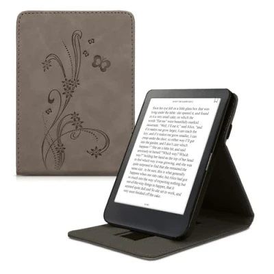 Afbeelding van kwmobile hoes geschikt voor Kobo Clara BW / Colour Cover e reader in grijs Stengels en Vlinder design