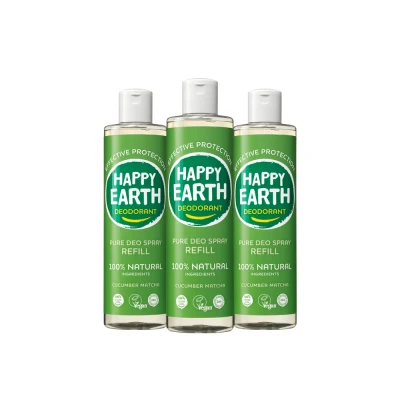 Afbeelding van 3x Happy Earth 100% Natuurlijke Deo Spray Navulling Cucumber Matcha 300 ml