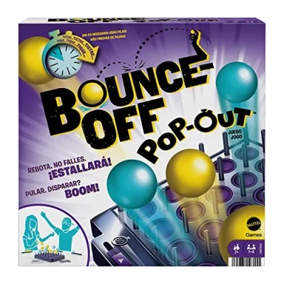 Afbeelding van Mattel Games HKR53 BOUNCE OFF POP OUT Party Game voor gezinnen Tieners Volwassenen met 16 ballen 20 uitdagingskaarten Spelrooster timer Cadeau kinderen vanaf 7 jaar