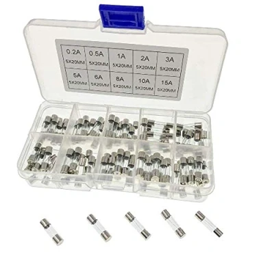 Afbeelding van JZK 100 x Flinke glazen fijnzekeringset, 20 5 mm, buiszekeringen, assortiment glaszekeringen met doos en 10 ampère, waarden: 0,2 A, 0,5 1 2 3 6 8 15 A
