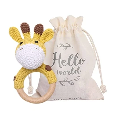 Afbeelding van Youuys Babyrammelaar, gehaakt hout, gehaakt, dieren, grijprand, baby, rammelaar, baby met geluid, handgemaakte rammelaar voor pasgeborenen, cadeau jongens en meisjes, geboorte