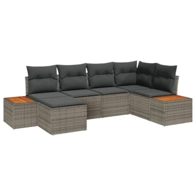 Afbeelding van vidaXL 6 delige tuinmeubelset met kussens in grijs van poly rattan en acacia
