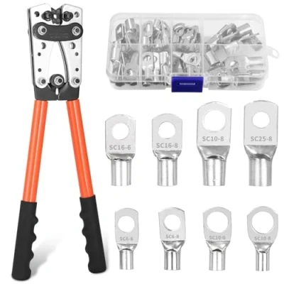 Afbeelding van Grote Krimptang Kabelset 6/10/16/25/35/50mm² Kabelschoenset 10 1/0 AWG Accukabelschoen Kabelschoentang Met 8 Maten 60 Stuks Koperen Ringklemmen Oranje