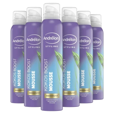 Afbeelding van Andrélon Kokos Boost Styling Haarmousse 6 x 200 ml Voordeelverpakking