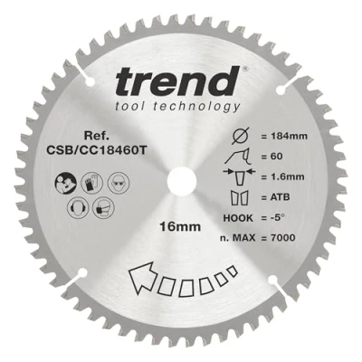 Afbeelding van Trend CraftPro crosscutting TCT zaagblad met negatieve haaksnede, 184 mm diameter x 60 tanden 16 asgat, wolfraamcarbide getipt, CSB/CC18460T
