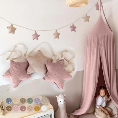 Afbeelding van LILIMAUS Vlaggenketting met sterren, gouden applicatie in 12 kleuren, voor de kinderkamer, 100% katoen, handgemaakt, slinger, mousseline, huisbed, decoratie meisjes en jongens,