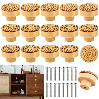 Afbeelding van Vegena 16 stuks kastknoppen hout rotan meubelknoppen boho ladeknoppen commodeknoppen vintage deurknop kastgrepen voor meubels houten knoppen commode keukenkasten ladekast