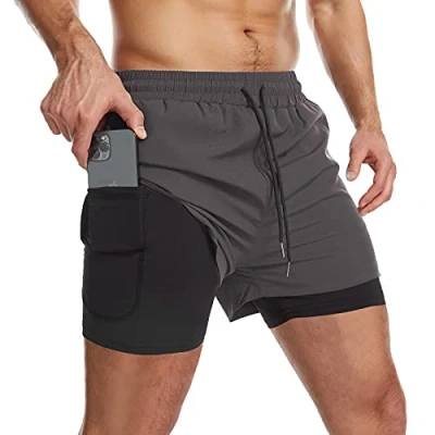 Afbeelding van Danfiki Sportshorts 2 in 1 voor mannen, ademend, met zakken, sneldrogende sportbroek zak, sportlegging, Base Layer Stretch, grijs., L