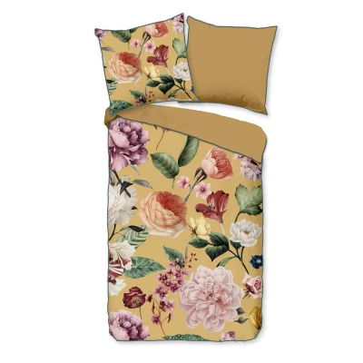 Afbeelding van Luxe Satijnen Dekbedovertrek 155x220 cm Bloemenprint Oker 1 Persoons 100% Katoen Satijn