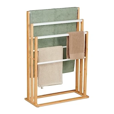 Afbeelding van Relaxdays handdoekenrek bamboe 6 stangen handdoekhouder badkamer vrijstaand 55 cm