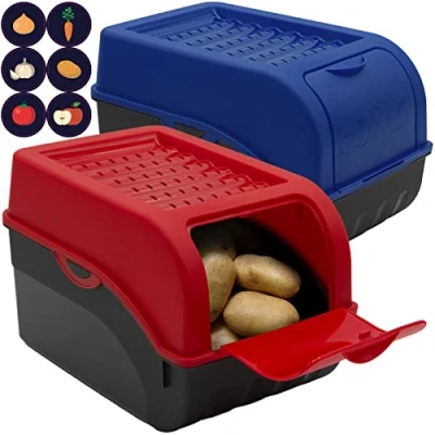 Afbeelding van ARTECSIS Aardappelopbergdoos, rood/blauw, set van 2, groentebox, aardappelbox met deksel voor ca. 4 kg aardappelen + 6 stickers groentesoorten