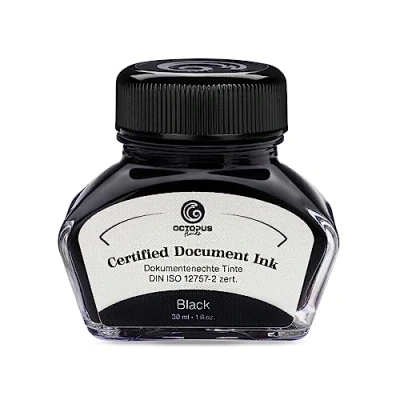 Afbeelding van Octopus Fluids Document Ink black, onuitwisbare inkt, gecertificeerd volgens DIN ISO 12757 2, zwart, 30 ml