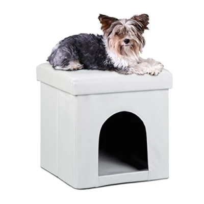 Afbeelding van Relaxdays kattenmand poef, opvouwbaar, kleine honden, katten, kunstleer, HBD 38 x cm, stabiele hocker, wit